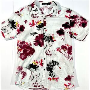 Jogal Mens Button Down Short Sleeve Hawaiian Floral Print Linen Style Medium